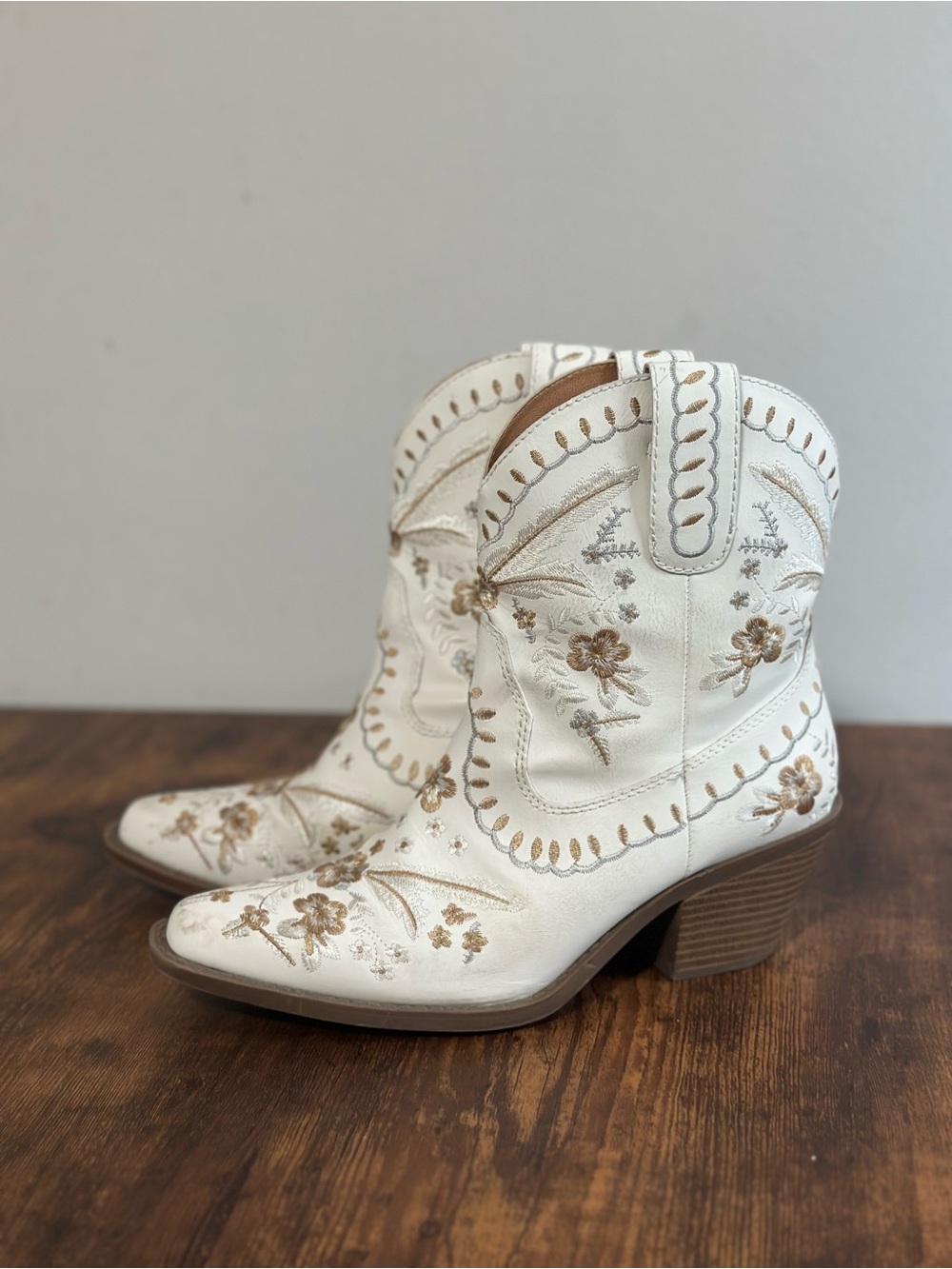 Women's White Floral Embroidered Western Ankle Boots